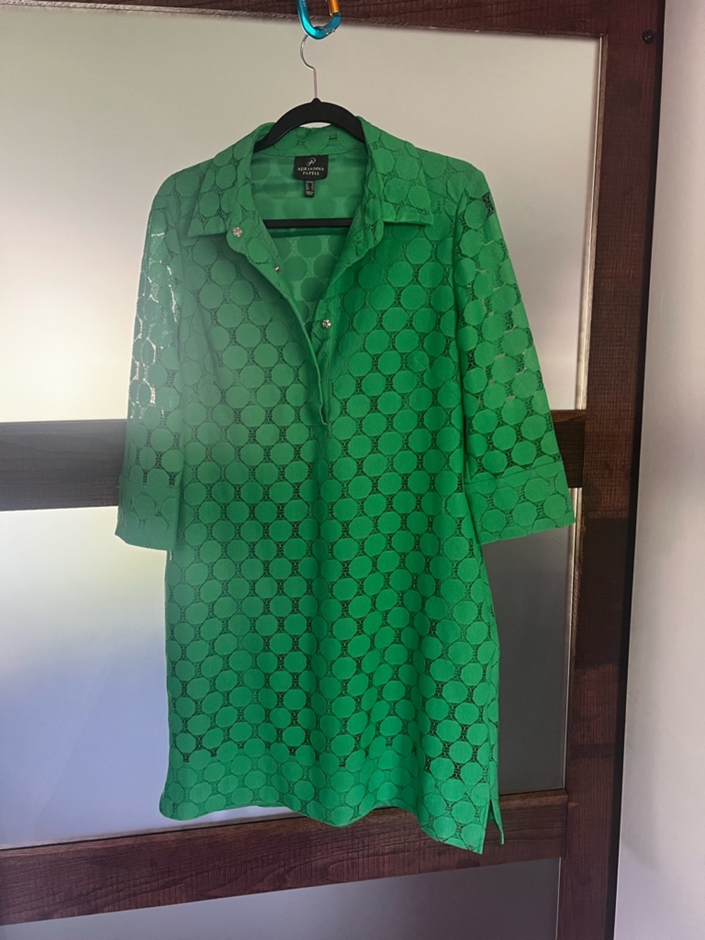 Adrianna Papell Emerald Green Lace Snap-Neck mini dress. Sz 14 EUC